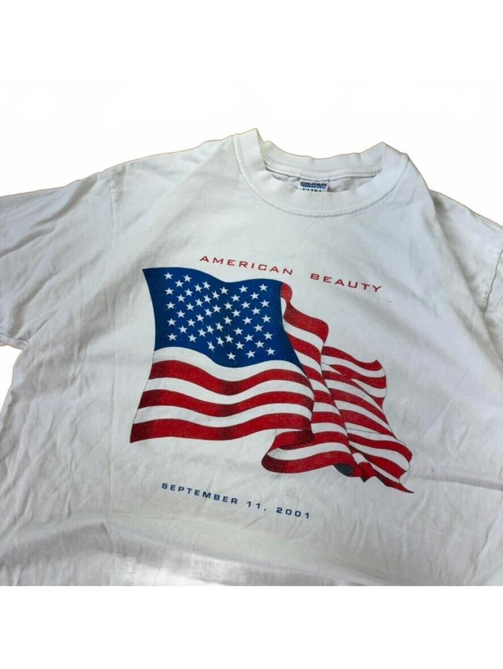 American Beauty 9/11 Memorial Tee Large White Y2K Flag Boxy